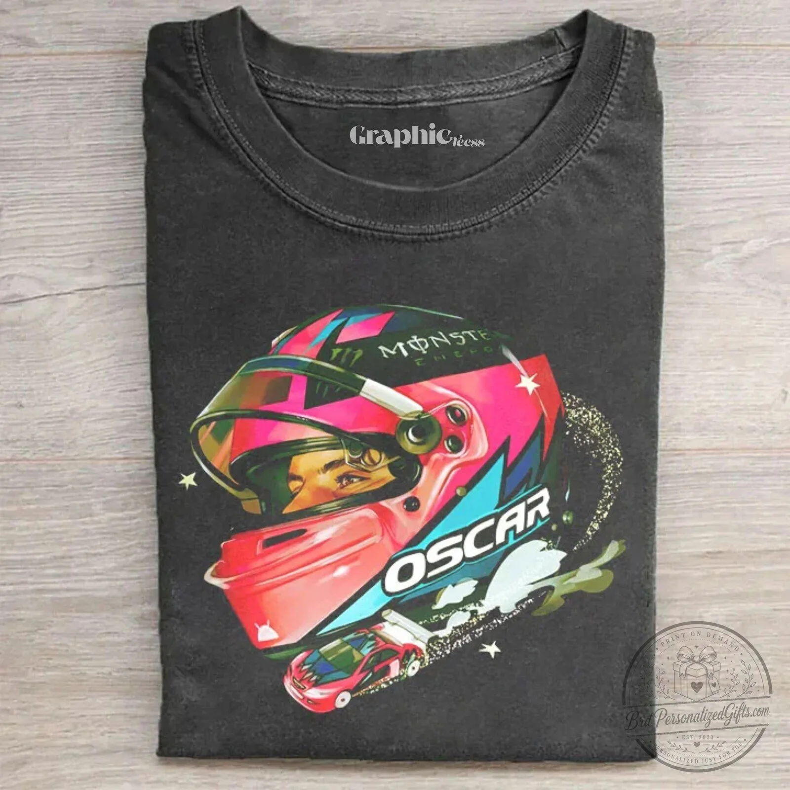 Oscar Piastri Formula 1 Racing Helmet and Car Fan T-Shirt