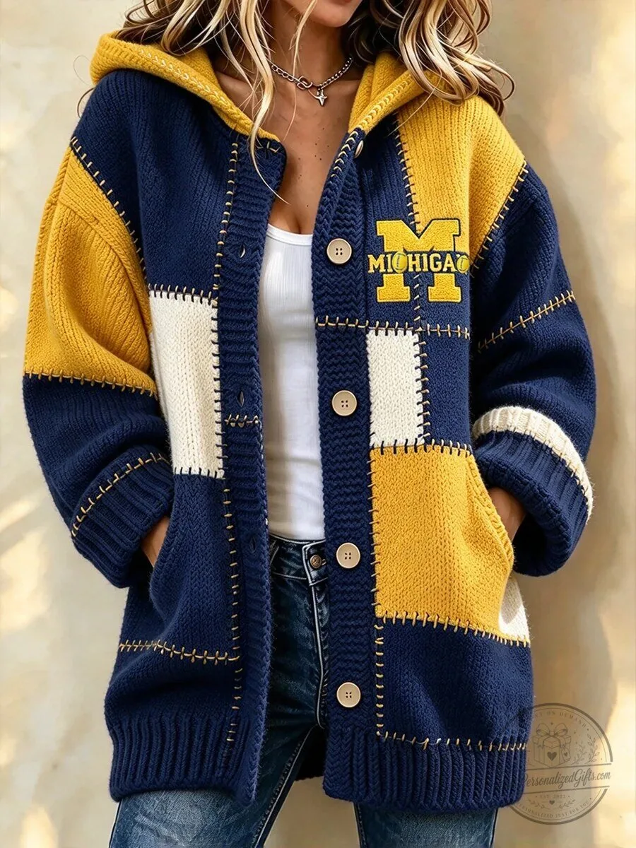Michigan Wolverines Patchwork Hooded Knit Cardigan