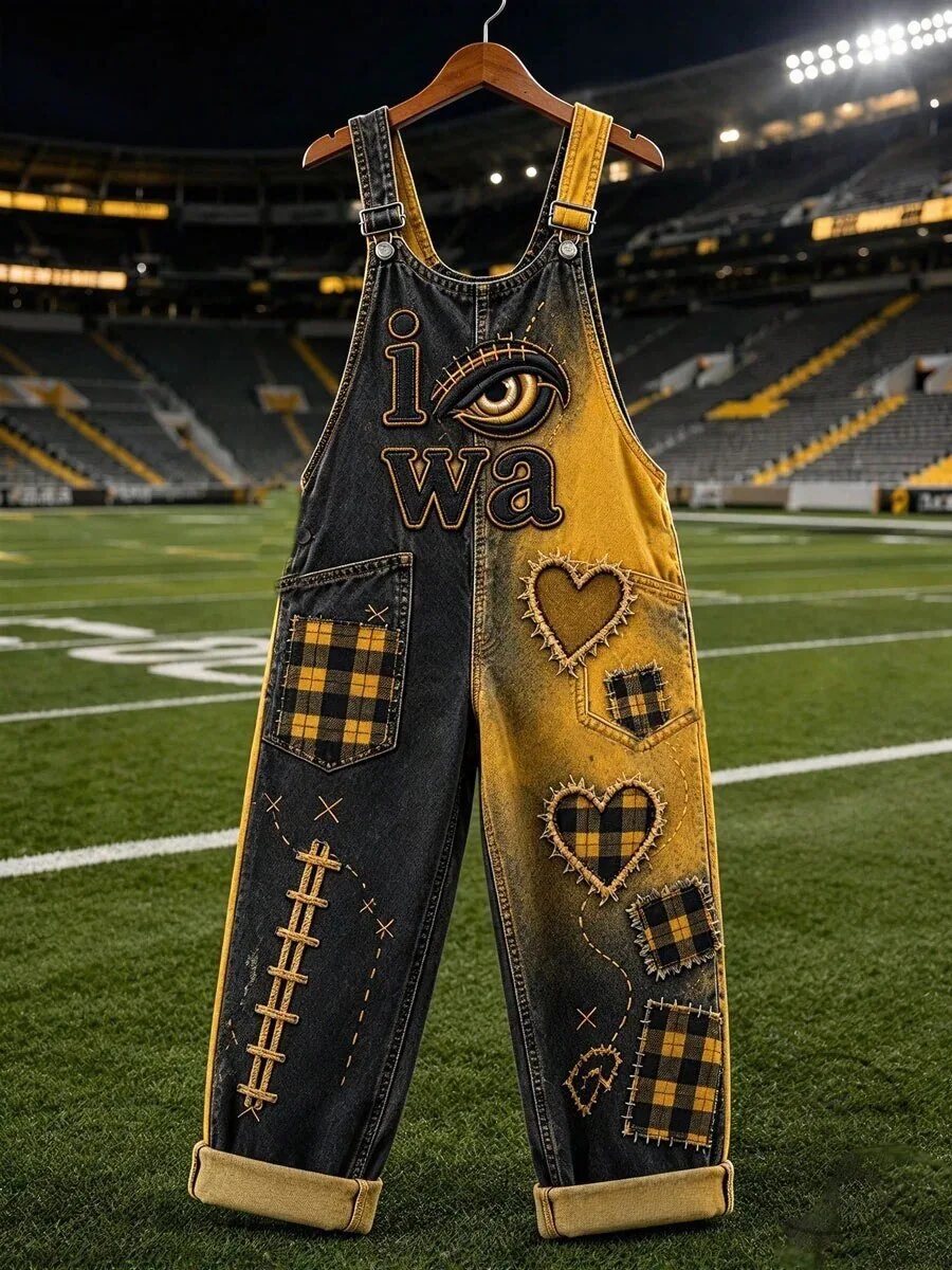 Iowa Hawkeyes Football Team Eye Logo Patchwork Denim Overalls for Women