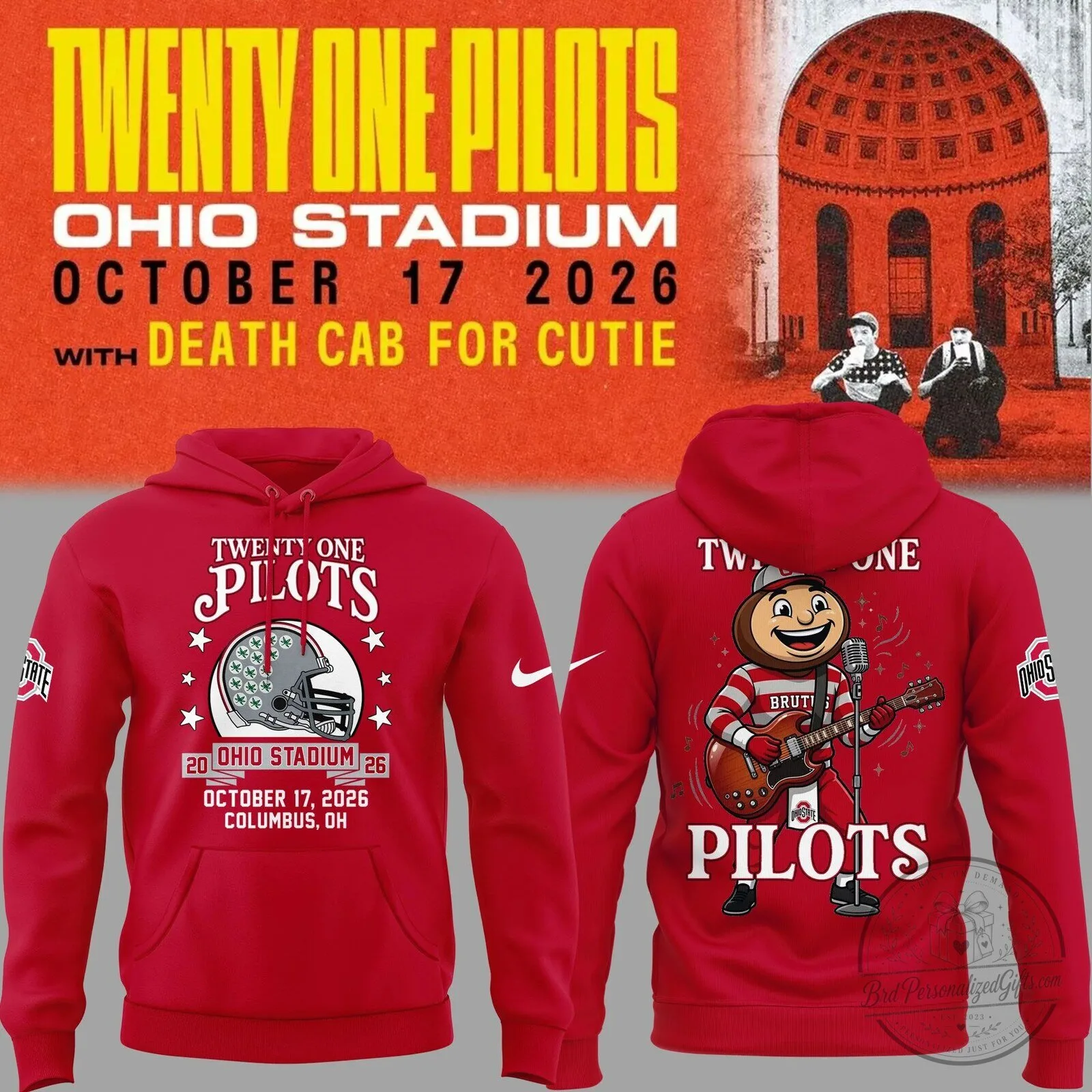 Twenty One Pilots Ohio Stadium Concert Red Hoodie with Brutus Buckeye