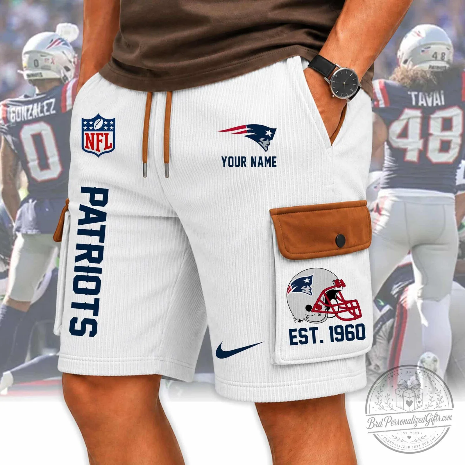 New England Patriots NFL Personalized White Cargo Shorts