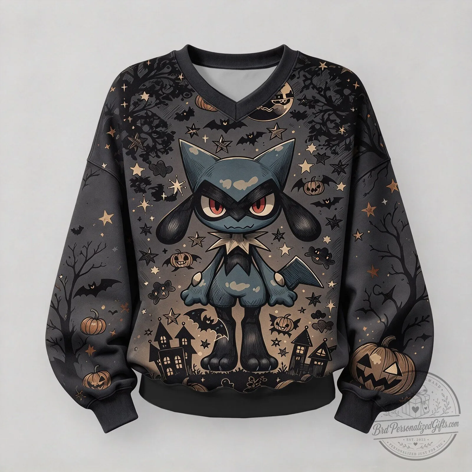 Pokemon Lucario Halloween Spooky Night V-Neck Sweatshirt