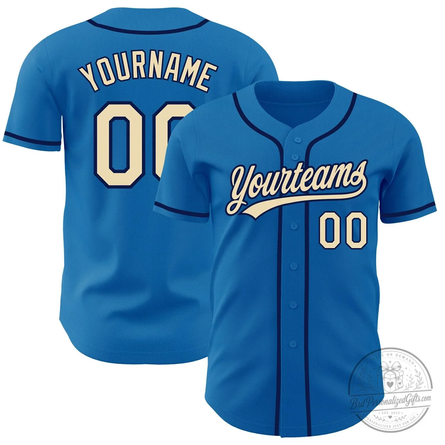 Custom Blue Cream Navy Baseball Jersey with Personalized Name and Number