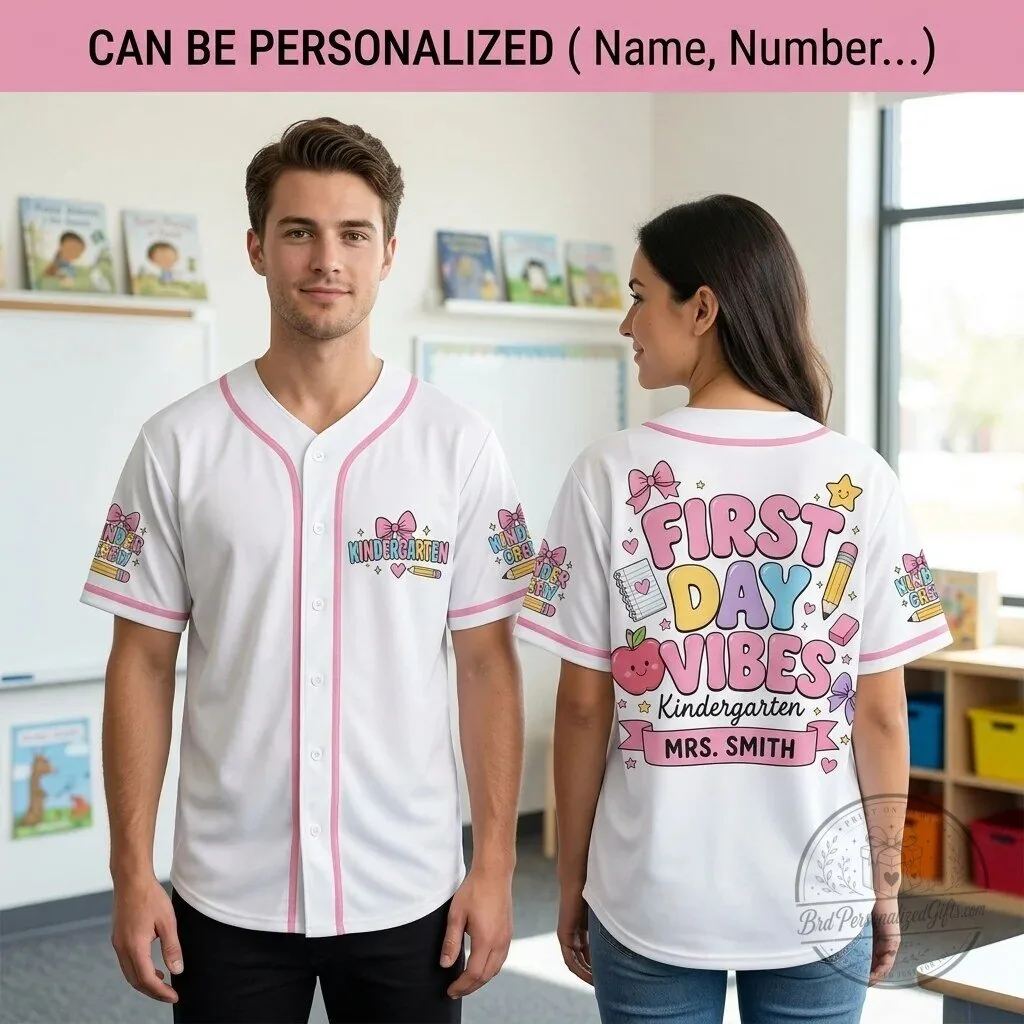 Personalized First Day Vibes Kindergarten Teacher Baseball Jersey