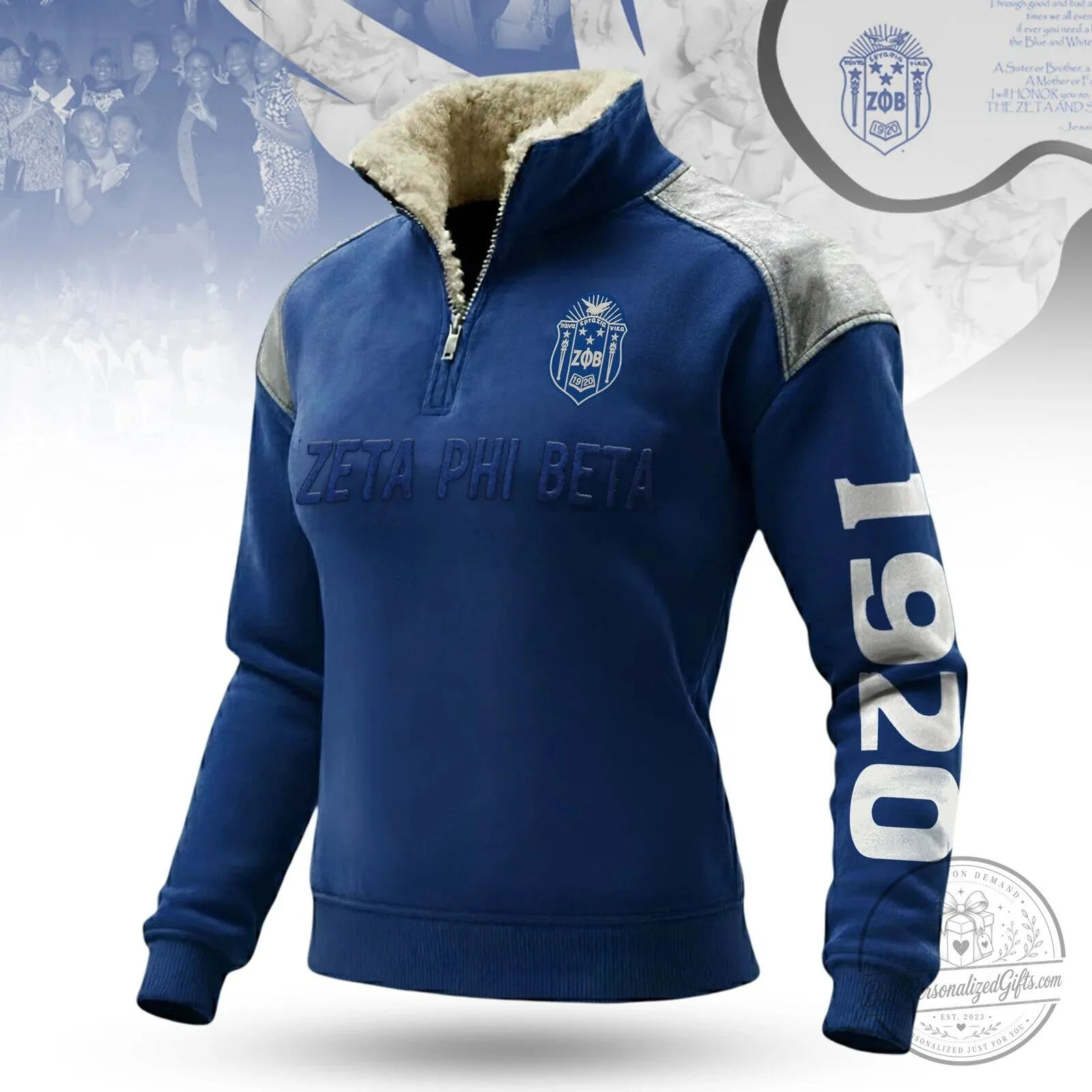 Zeta Phi Beta Sorority 1920 Blue Quarter Zip Sherpa Lined Pullover Sweatshirt