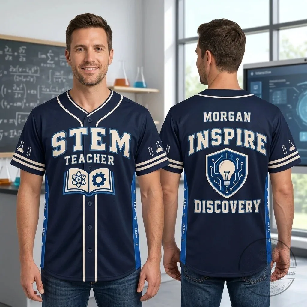 STEM Teacher Personalized Inspire Discovery Science Educator Baseball Jersey